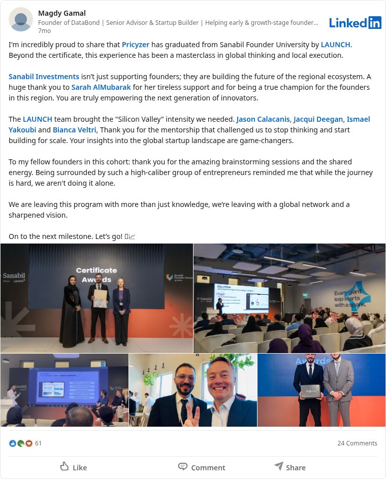 LinkedIn post about Sanabil Founder University