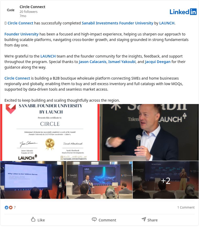 LinkedIn post about Sanabil Founder University