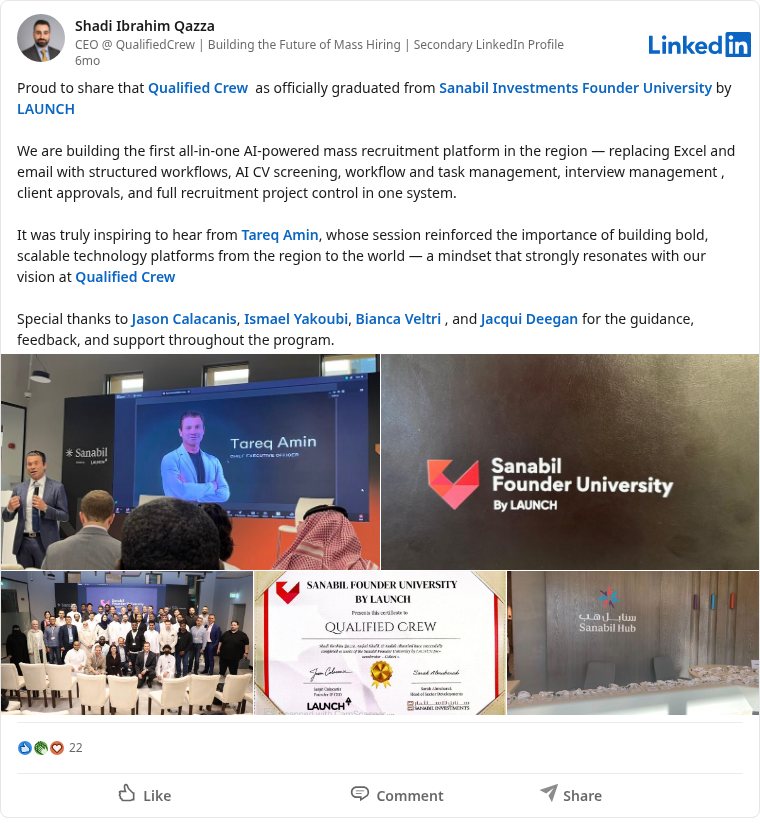 LinkedIn post about Sanabil Founder University