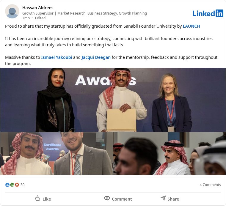 LinkedIn post about Sanabil Founder University