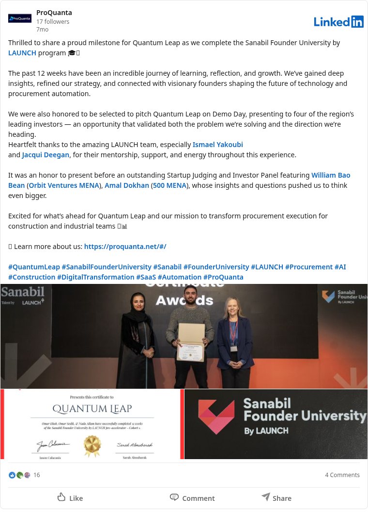 LinkedIn post about Sanabil Founder University