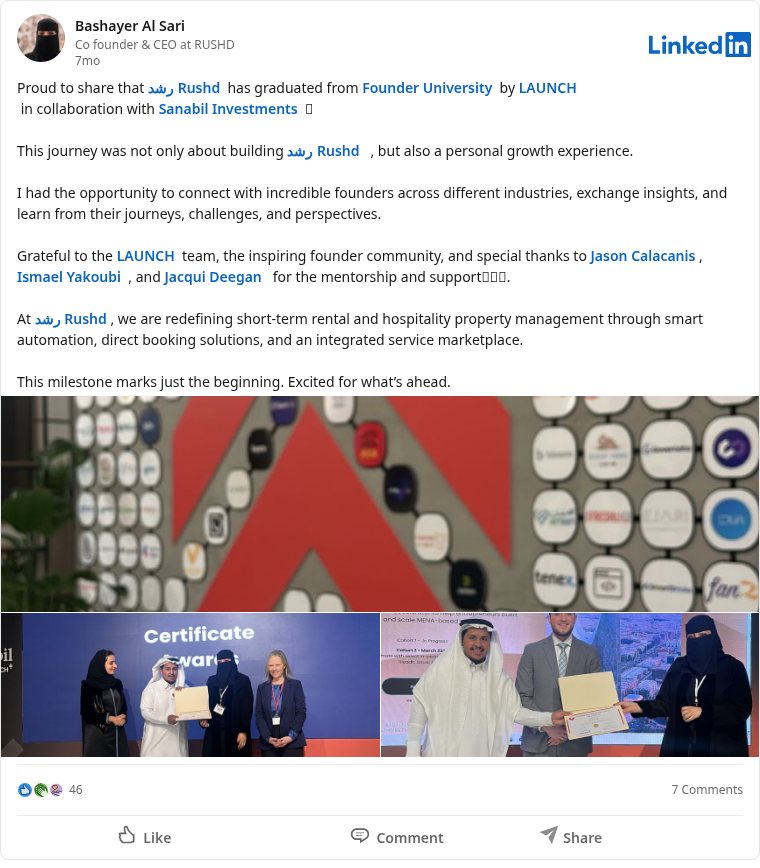 LinkedIn post about Sanabil Founder University