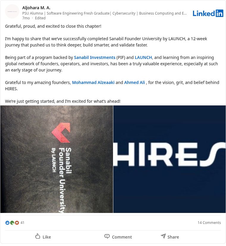 LinkedIn post about Sanabil Founder University