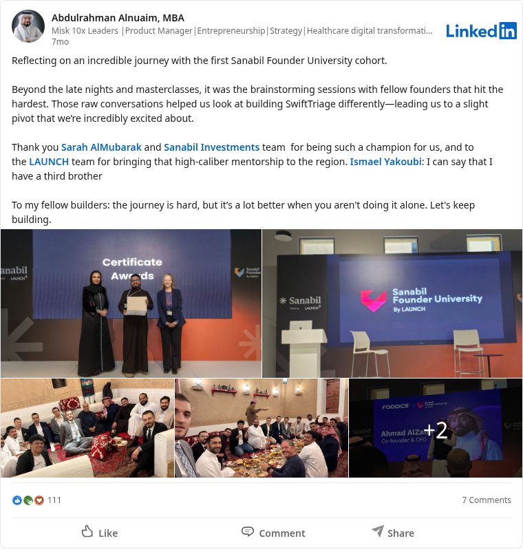 LinkedIn post about Sanabil Founder University