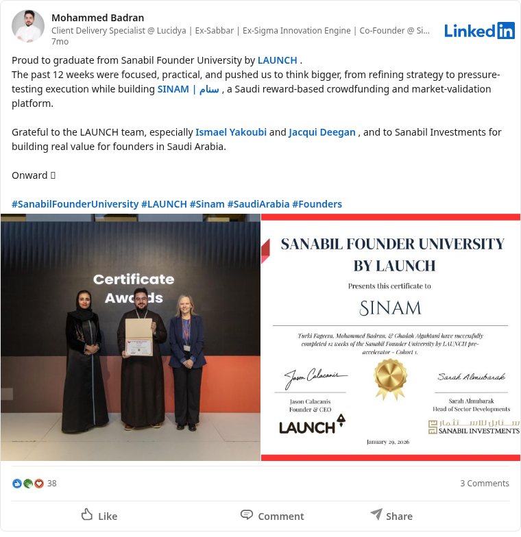 LinkedIn post about Sanabil Founder University