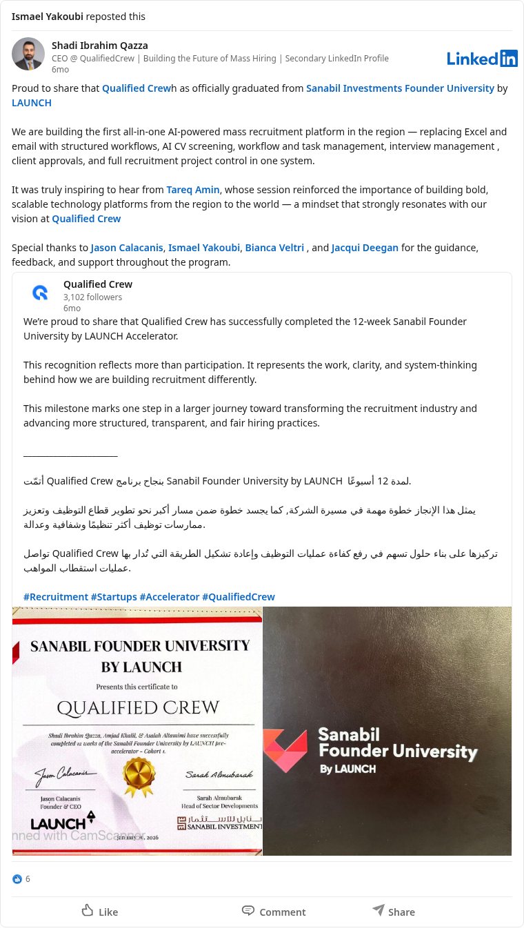 LinkedIn post about Sanabil Founder University