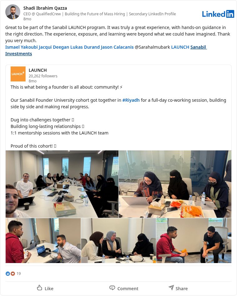 LinkedIn post about Sanabil Founder University