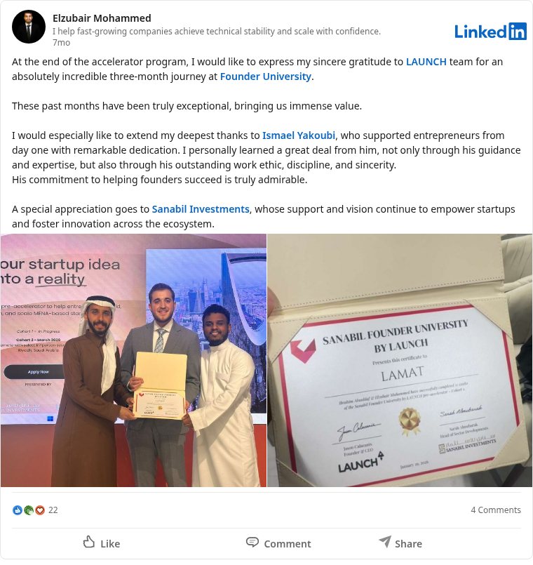 LinkedIn post about Sanabil Founder University