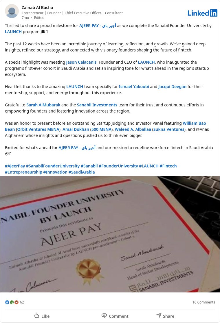 LinkedIn post about Sanabil Founder University
