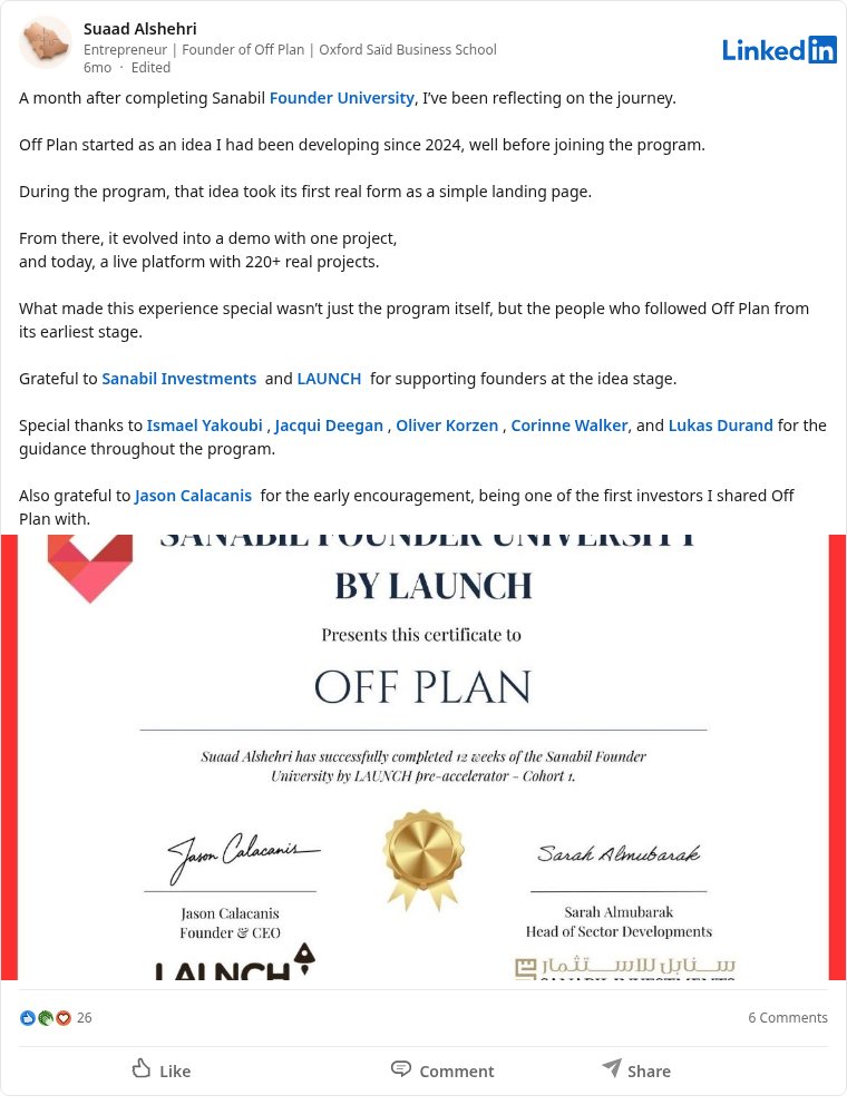 LinkedIn post about Sanabil Founder University